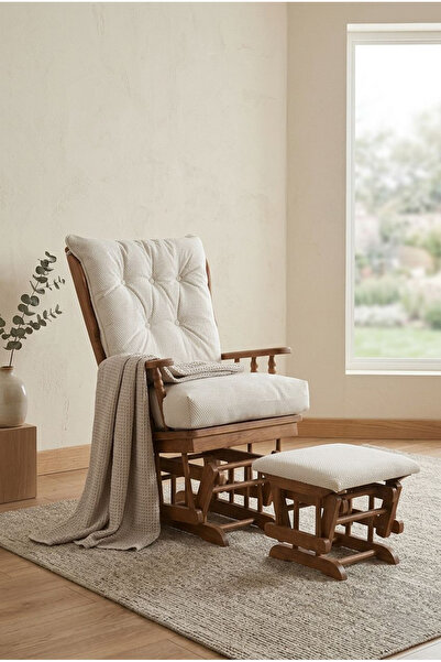 İFA Loria Relax Sallanan Sandalye Berjer + Puf Seti Ahşap İskelet Krem Minder...