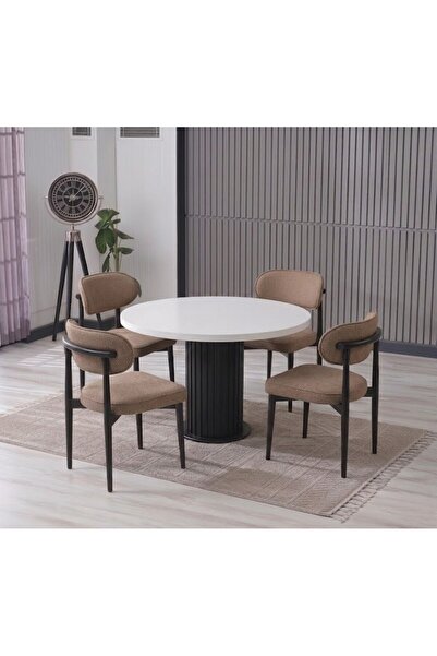 JoyMassa LİNA BOHEM 90x90 BEYAZ/SİYAH YUVARLAK MASA & 4 POLO SANDALYE SETİ