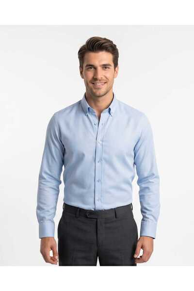Özeniş Erkek Cepsiz Pamuklu Uzun Kollu Oxford Kumaş Slim Fit Gömlek
