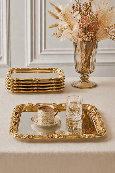 Kitchen Life Set de 6 tăvi de prezentare pentru cafea cu model pătrat auriu d...