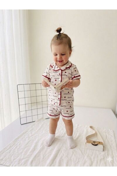 cacobutik Baby Girl Mom Dad Written Summer Shorts Pajama Set White Buttoned