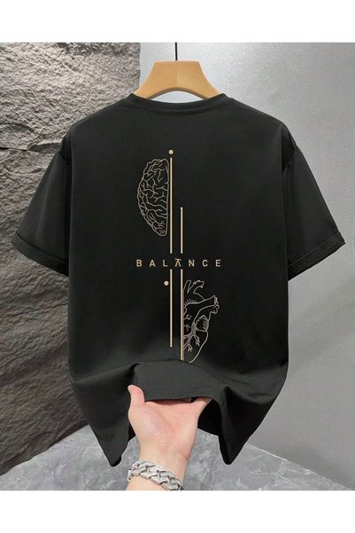 LELVANİ Men's Front and Back Gold Balance Printed Crewneck T-Shirt