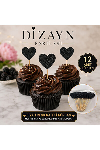 Dizayn Parti Evi Simli Kalp Kürdan Süs Eva 12 Adet Pasta Cupcake İkramlık Süs...