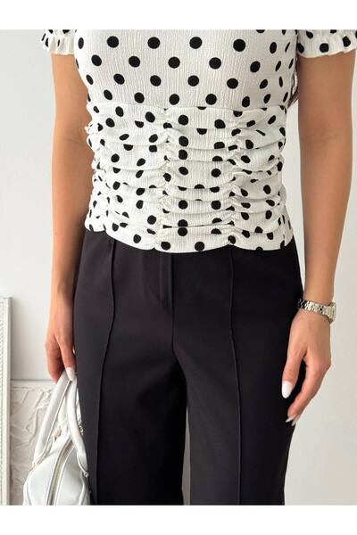gozdefashion Women's Polka Dot Blouse with Front Ruffle Detail