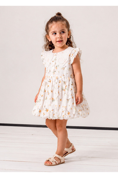 Jikko Baby Kız Çocuk Brode Yaka Detaylı Çiçek Baskılı Balon Etekli Elbise 3719