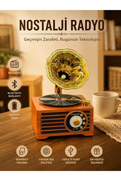 m memita Everton RT-603 Nostaljik Gramofon Tasarımlı Bluetooth Hoparlör FM Ra...