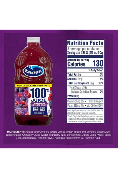 Ocean Spray 100% Juice, Cranberry Grape, 60 Ounce Bottle