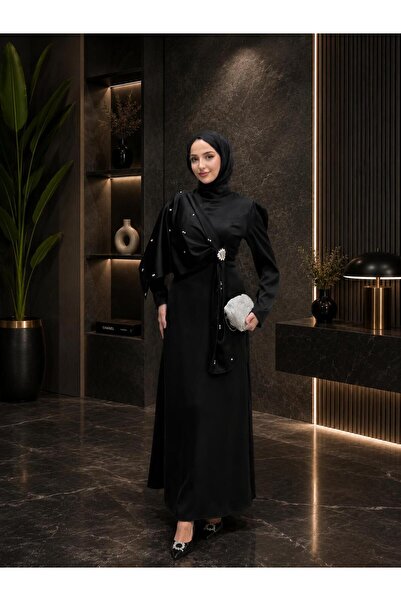 Brnmodest Zahide Taşlı Broşlu Beg Saten Kumaş Tesettür Abiye