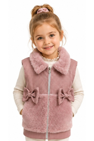 İrem Çocuk Giyim Girl's Bow Detailed Leather Plush Transitioning Zipper Closu...