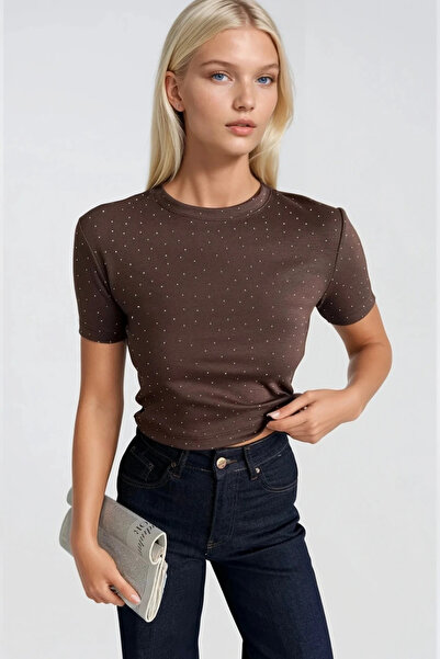 Asfaha Fashion Women's Crew Neck Lycra Stone Detailed Short Sleeve Crop T-Shirt