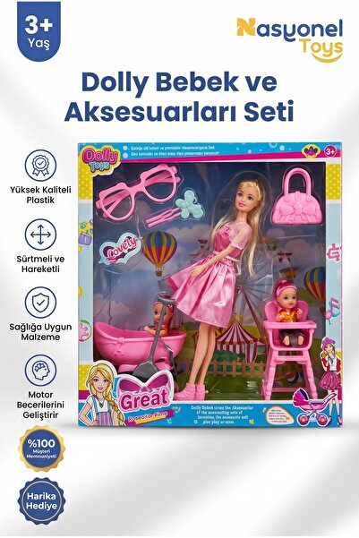 NASYONEL TOYS Dolly Bebek ve Aksesuarları Seti - Pembe Elbiseli Moda Bebek ve...