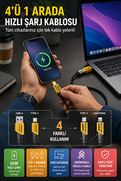 OpenCity 4’ü 1 Arada 65W Hızlı Şarj Kablosu USB-A Type-C Lightning Örgülü Ver...