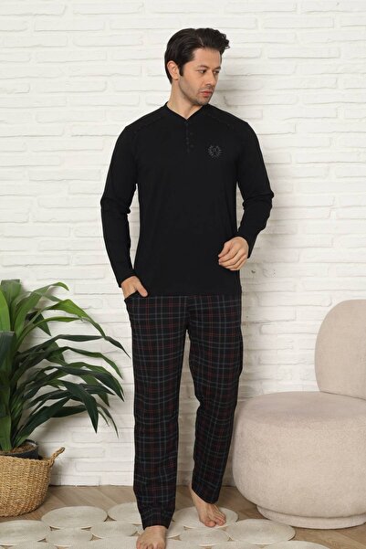 ALİMER Men's Pajama Set - Black Checkered Long Sleeve Combed Cotton 1227Uy