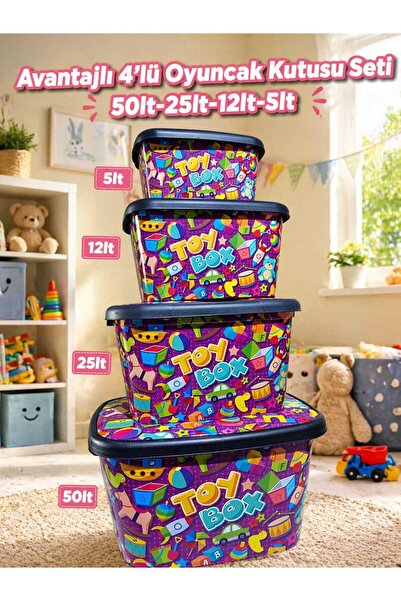 biedda 8’li Fun-Toy Box Oyuncak Kutusu Seti 50-25-12-5 LT Kapaklı Renkli Plastik Saklama Kutusu