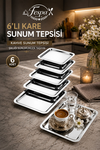 Fespa 6’lı Kare Sunum Tepsisi 23 CM Paslanmaz Çelik Kahve Sunum Seti