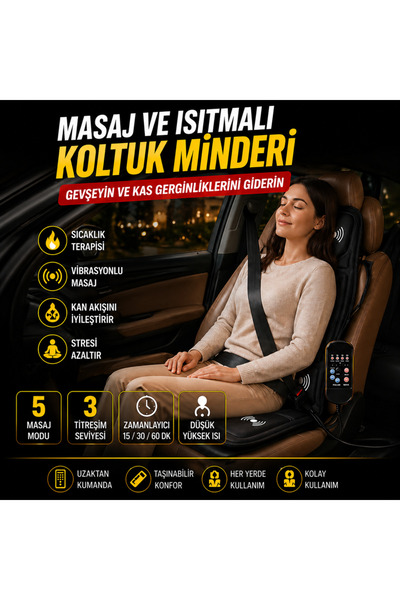 5 Motorlu Isıtmalı Masaj Minderi Titreşimli Koltuk Minderi Kumandalı Siyah