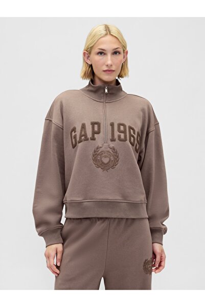 GAP Kadın Kahverengi VintageSoft 1969 Logo Yarım Fermuarlı Sweatshirt