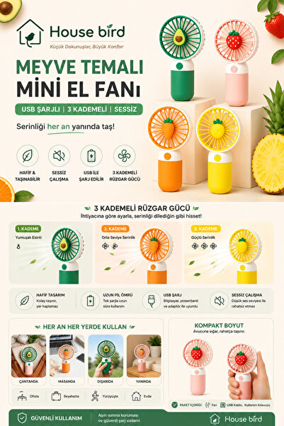 House Bird Meyve Temalı Mini El Fanı USB Şarjlı 3 Kademeli Sessiz Taşınabilir...