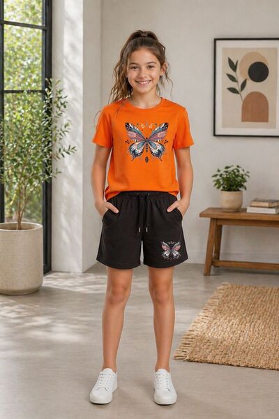 cm buseyiz BuseKids Kız Çocuk Çok Renkli Baskılı T-Shirt & Şort Alt-Üst Takım