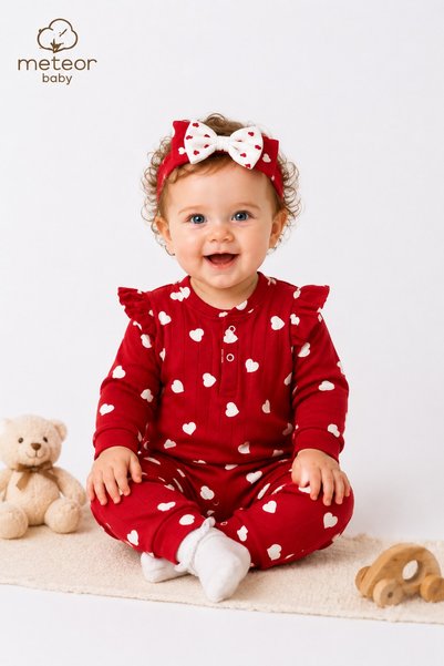 METEOR BABY Baby Girl Set Heart Patterned Jumpsuit Bandana Seasonal Set 3 6 9 12