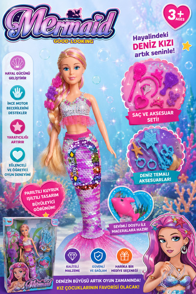 Sıraç İthalat Mermaid Deniz Kızı Oyuncak Bebek Seti Işıltılı Kuyruklu Aksesuarlı