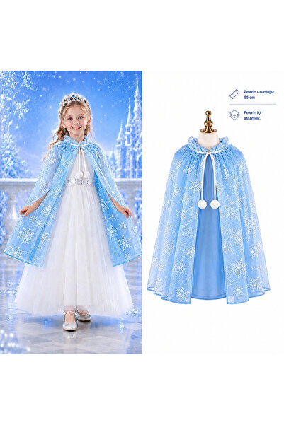 Hobibahçem Mey İthalat® Kar Tanesi Desenli Mavi Elsa Pelerini - Astarlı Froze...