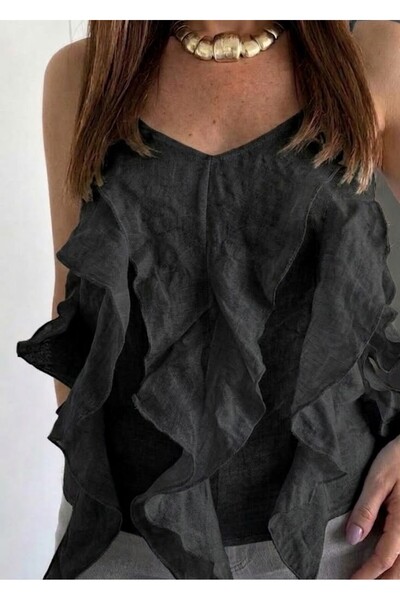 salome butik НОВ СЕЗОН БЛУЗА С ВОЛАНИ И ДЕСЕРВАНИ РАМЕНЕНИЧКИ ОТ ПЛАТ ТЕНЗЕЛ
