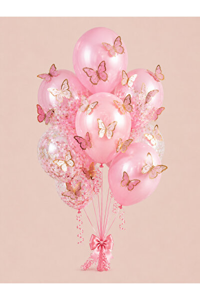 Aspak 10 Adet Parlak Pembe Balon 20 Pembe Yapışkanlı Kelebek Doğum Günü Balon...
