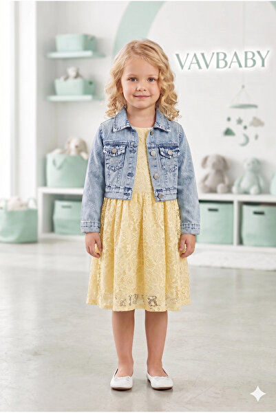 VaVbaby Rochie din dantelă și jachetă din denim pentru fete, set 2 piese - Ga...