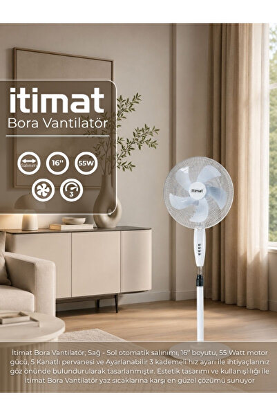 İtimat Bora, 16'', 55 Watt, Sağ - Sol Otomatik Salınımlı, 5 Kanatlı, 3 Kademe...