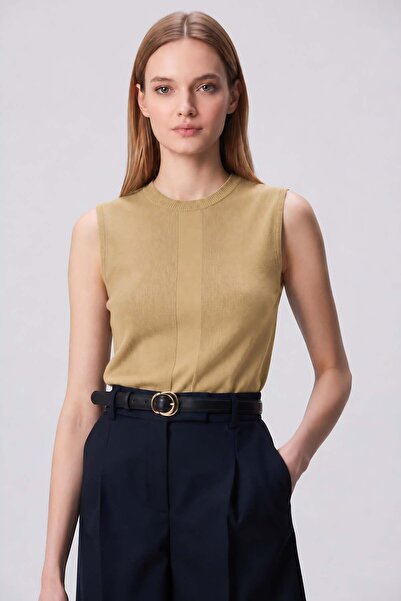 odelon Women's Ribbed Knit Sleeveless Knitwear Athlete Blouse Beige