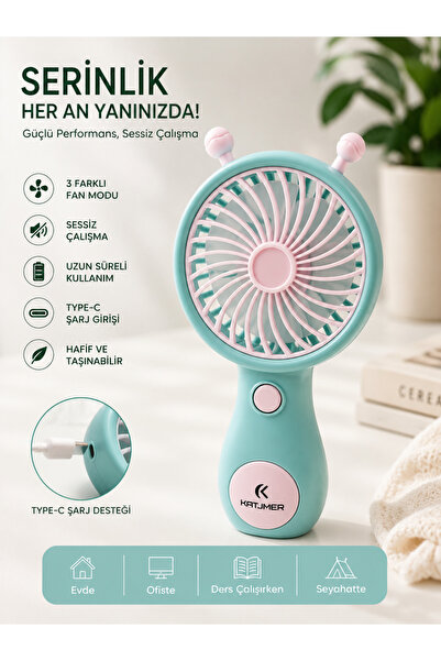 KATJMER Turkuaz Mini El Vantilatörü Şarjlı Sessiz Taşınabilir Fan Type-C USB ...