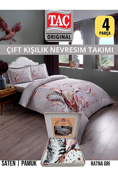 Taç Ratna gri Pamuk Saten Çift Kişilik Nevresim Takımı