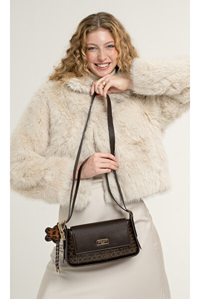 Pierre Cardin Coffee Color Shiny Monogram Patterned Women's Shoulder Bag - Ba...