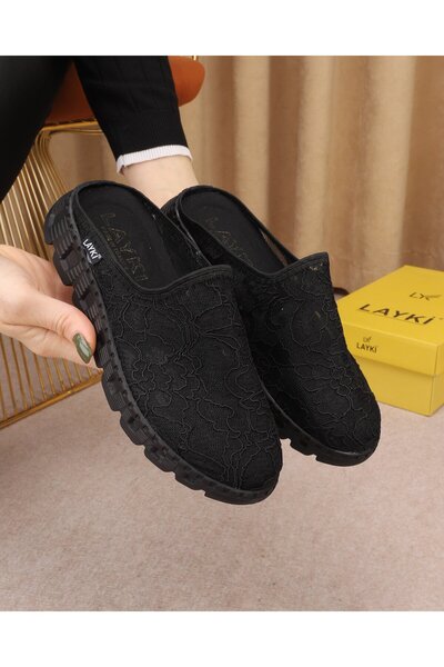 layki Laressa Black Colored Special Patterned Orthopedic Sole Luxury Slippers