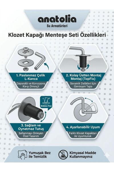 Anatolia Klozet Montaj Vidası Metal Dayanıklı Üstten Sıkmalı Klozet Kapak Mon...