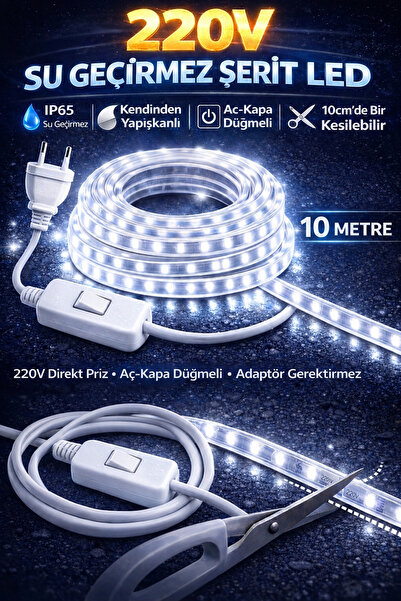 BRK LİGHTİNG 220V Su Geçirmez Şerit Led Beyaz Işık Fişli Aç-Kapa Düğmeli Kend...