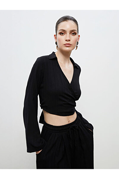 LC Waikiki Double Breasted Collar Textured Crop Blouse