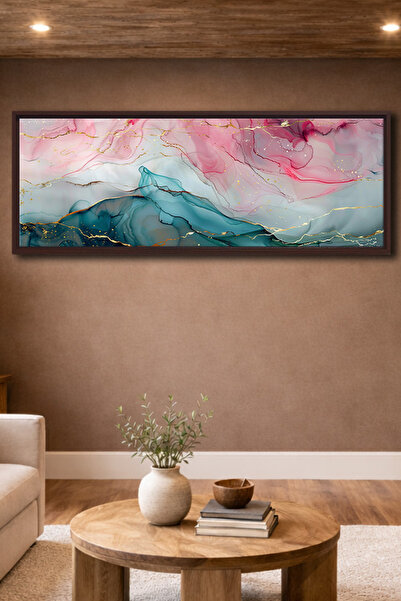 Meteor Galeri Çerçeveli Fluid Art Pembe–Teal Panorama Soyut Kanvas Tablo | Al...