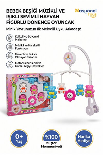 NASYONEL TOYS Bebek Beşiği Müzikli ve Işıklı Sevimli Hayvan Figürlü Dönence O...