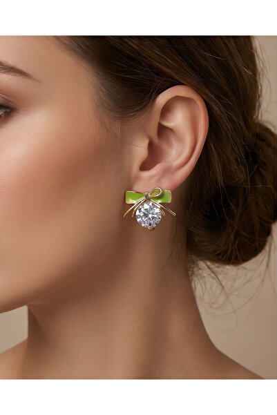 HOSBUTIK Gold Green Color Stone Bow Clip Earrings Do Not Require a Piercing a...