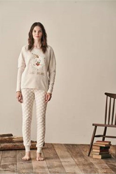 FIRST STYLE Turkish Winter Warm Pajama Set Beige Cute Printed Pajamas
