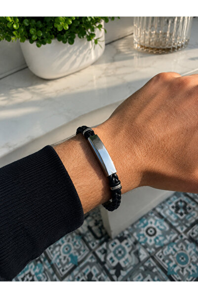 Lilith Takı Men's Black Braided Leather Bracelet with Steel Detail, Modern St...