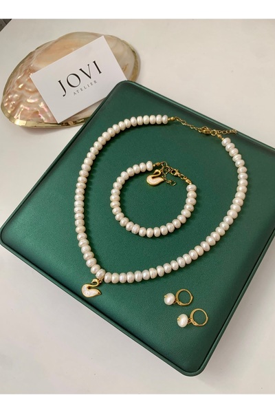 JOVİ ATELİER Sertifikalı Doğal Rondela Kadın İnci Kolye Bileklik Küpe Seti | ...