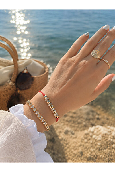 BEBİ BİJUTERİ Adjustable Gold Bead Detailed Bracelet with Red String