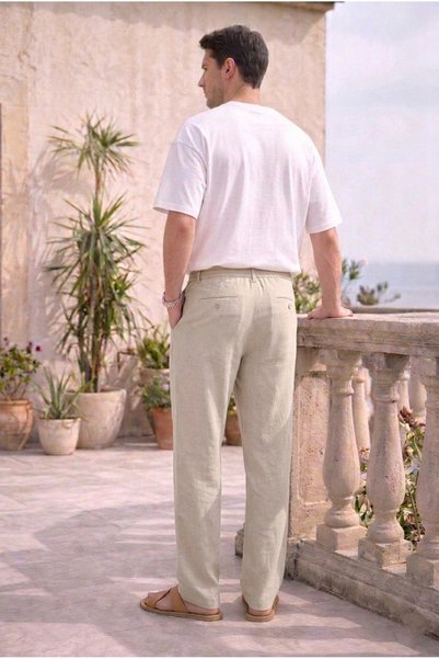 TheSeason Men's Summer Stone Color Cotton Linen Look Relaxed Pants