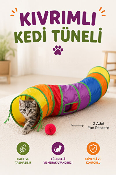 Pati Paw Kıvrımlı Kedi Köpek Oyun Tüneli Gökkuşağı Renkli Portatif Katlanır
