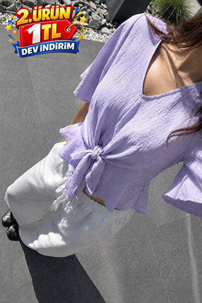 DAMGA JEANS Women's Summer V-Neck Wide Sleeve Lilac Stylish Blouse