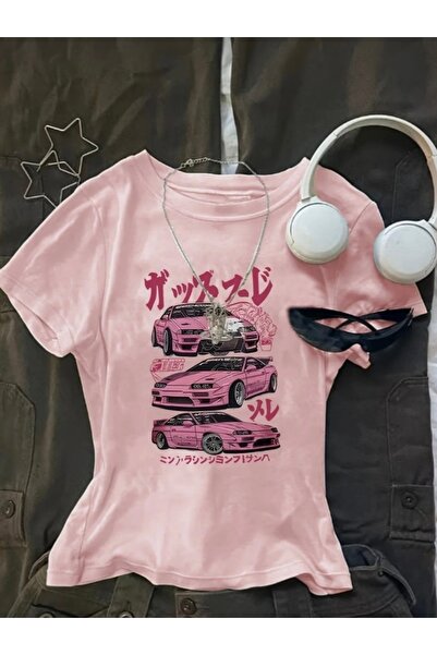 ciel moda Car-Detailed Pink Cotton Short-Sleeved Belt-Length Crop Top