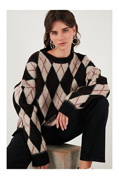 LC Waikiki Nevavm Oversize Fit Oval Neck Argyle Patterned Soft Textured Women...